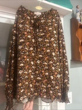 Knox Rose Brown Floral Maxi Skirt with Pink & Cream Accents PTP 24’ L 25’ XL